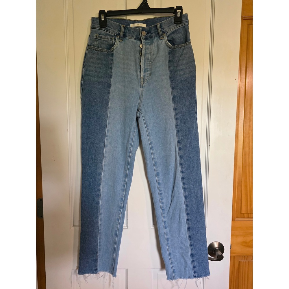 PacSun Two Tone Patchwork High Rise Straight Leg Jeans Blue Womens 26 Raw Hem